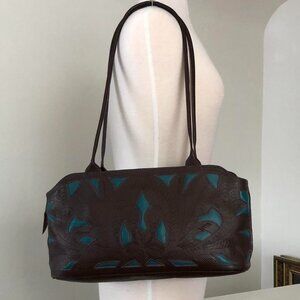 Vintage LEADERS Brown TOOLED leather EAST-WEST bag TEAL GORGEOUS